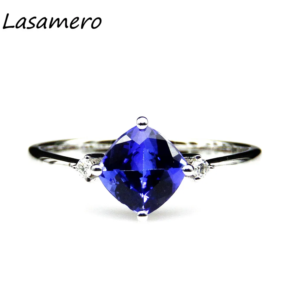 LASAMERO Подушка 1.69CT Сертифицированный натуральный драгоценный камень танзанит кольцо акценты 18 к белое золото обручальное свадебное кольцо