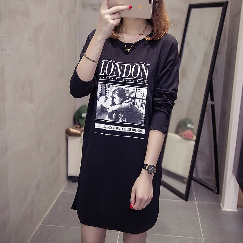 2018 г. осенние женские свободные Plus Size Printed Long футболка в Корейском стиле Harajuku