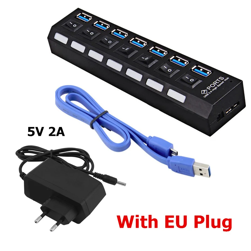BinFul USB 3,0 концентратор 7 портов супер скорость 5 Гбит/с 7-портовый usb-хаб 3,0 с переключателем ВКЛ/ВЫКЛ для Windows Mac OS Linux ПК Аксессуары для ноутбуков - Цвет: Black and EU Adapter