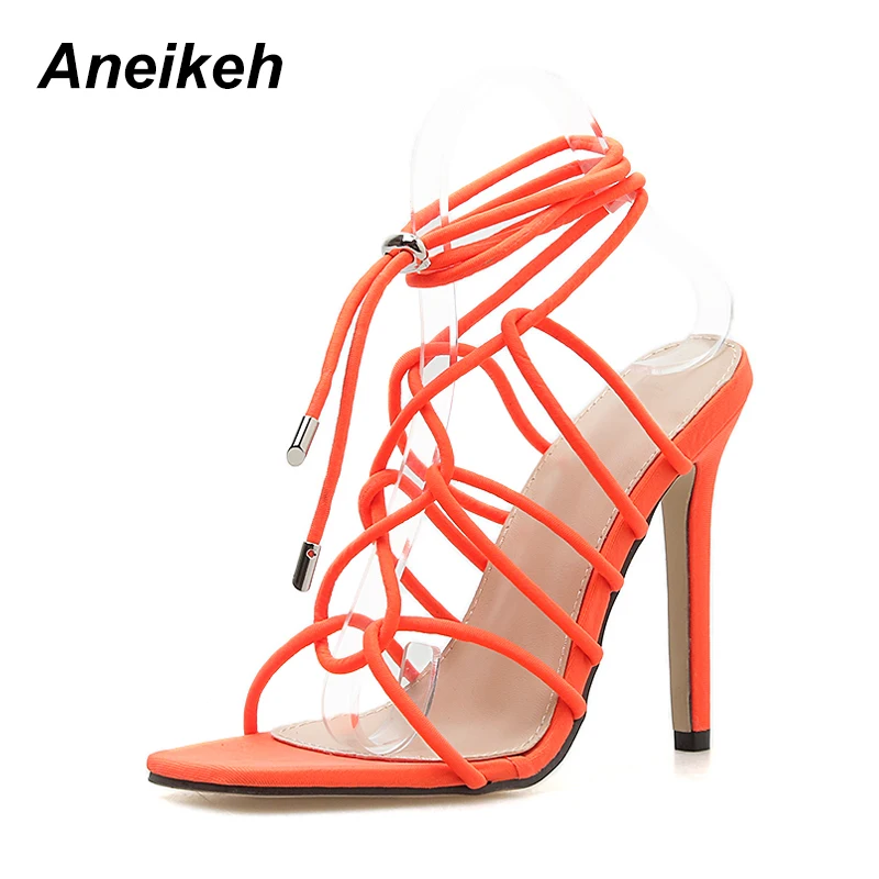 Aneikeh/ г. Новые модные женские офисные босоножки из PU искусственной кожи офисная обувь на высоком тонком каблуке, с квадратным носком, с тонким ремешком, черного и оранжевого цвета, размеры 35-42