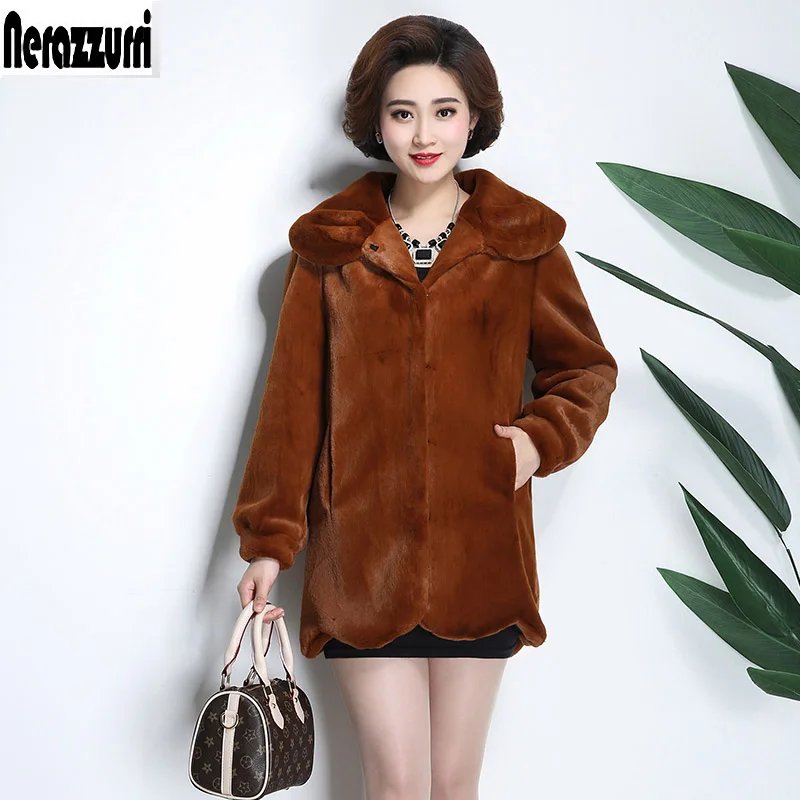 Camel color Nerazzurri шуба женская из искусственного меха зимняя женская искусственная Меховая куртка среднего возраста, с длинными рукавами черная толстая теплая плюс размер пальто из искусственного меха для пожилых женщин - Цвет: Camel color