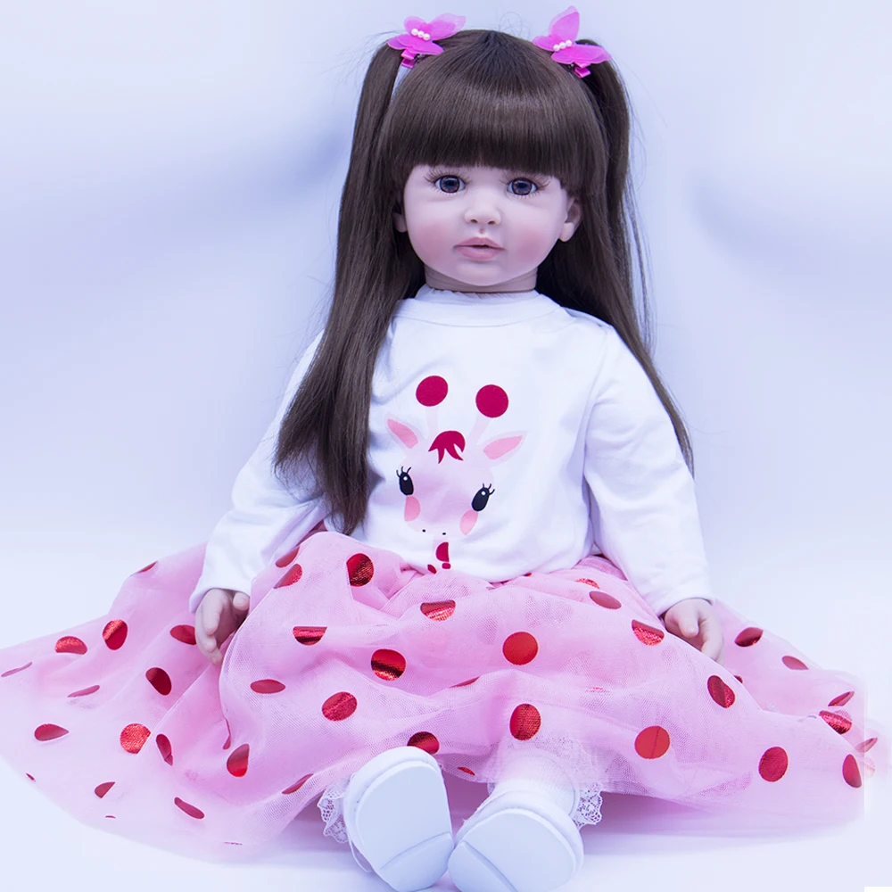 

60cm brown long hair Silicone Reborn Baby Doll Toys with Cute giraffe skirt For Girl Princess Toddler Alive Babies Birthday Gift