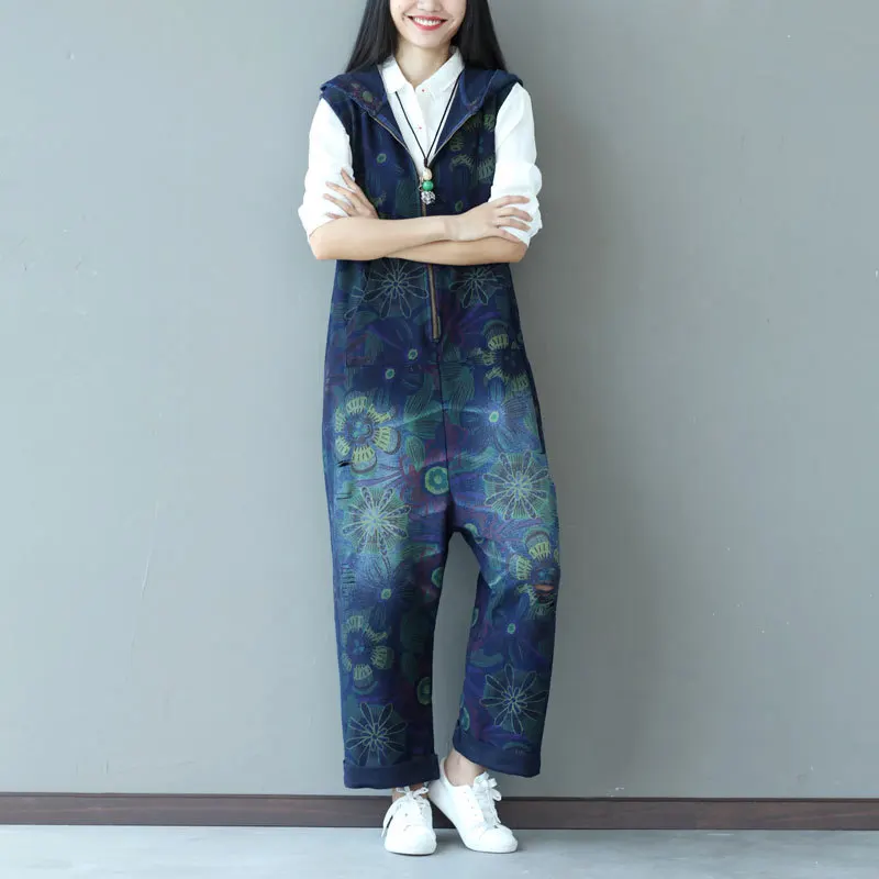 Plus Size Denim Jumpsuit Cotton 2019 Autumn Winter Loose Rompers Womens Casual Print Overalls for Women Jeans Woman New |