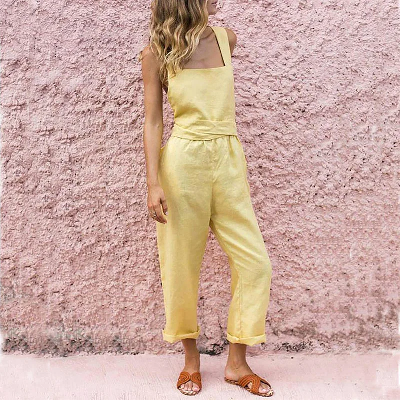 Летний Повседневный женский комбинезон без рукавов бандажный однотонные тонкие