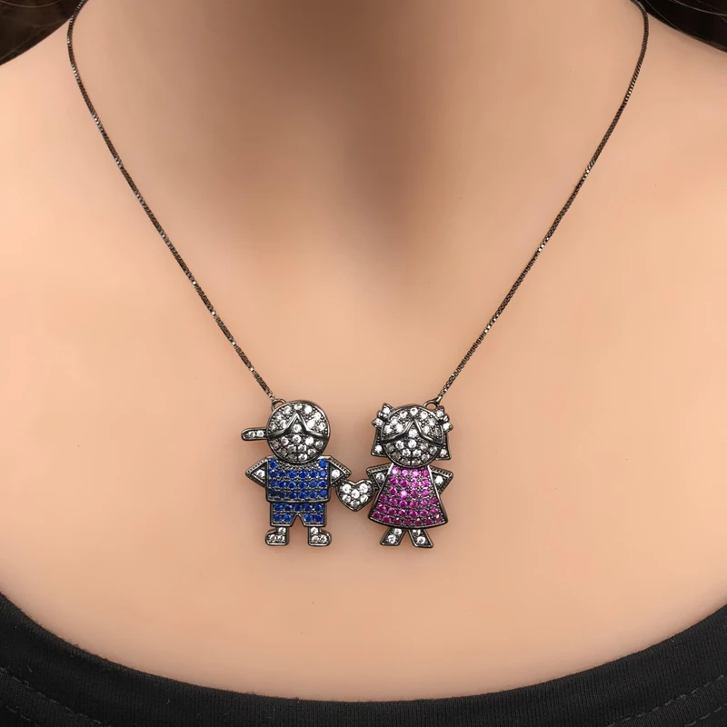 Colorful Lovely Boy Girl heart Big Pendant Necklace Full Pave high quality Multicolor Cubic zirconia blue women fashion Jewelry | Украшения
