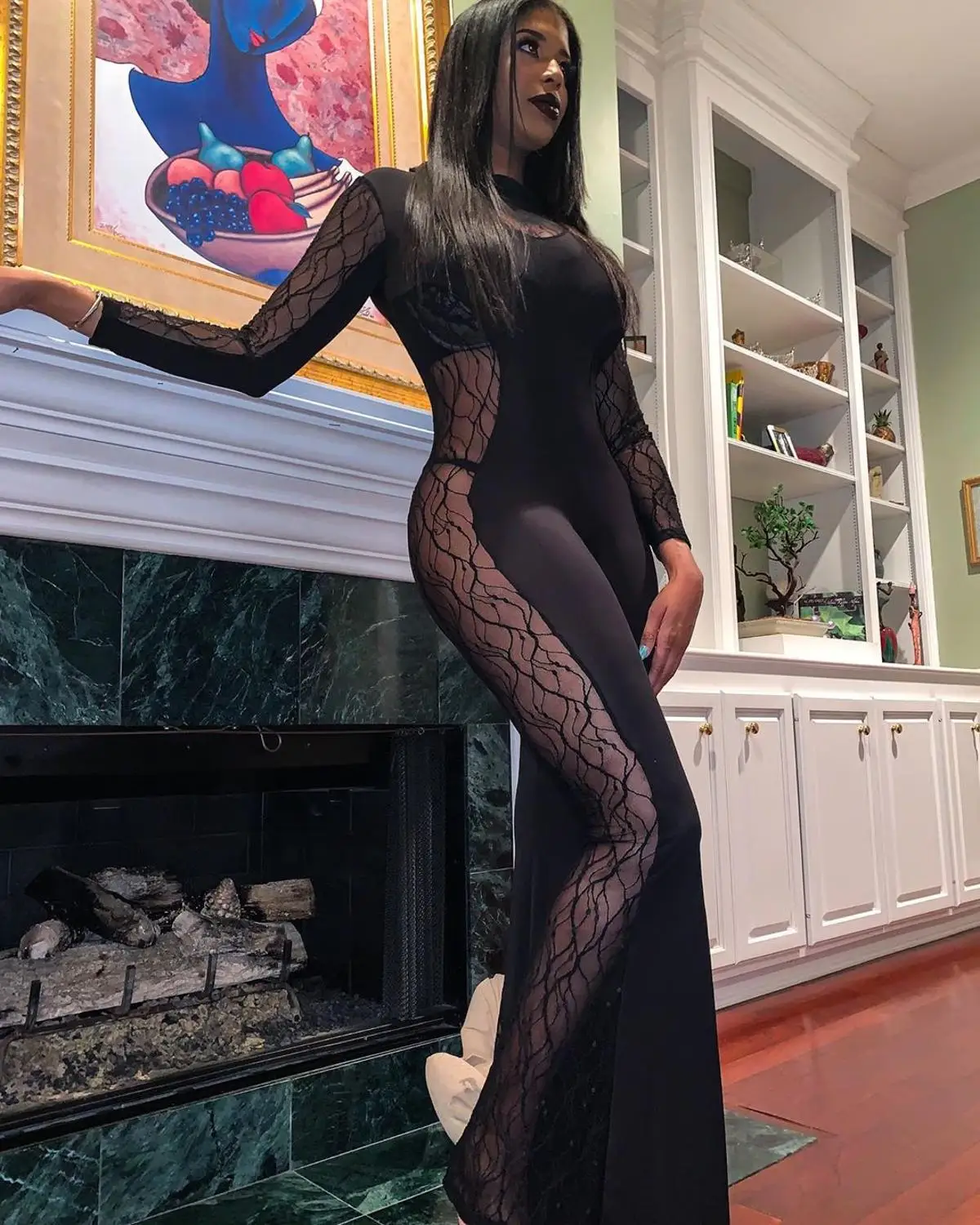 Черный лоскутный кружевной комбинезон женский элегантный с длинным рукавом и