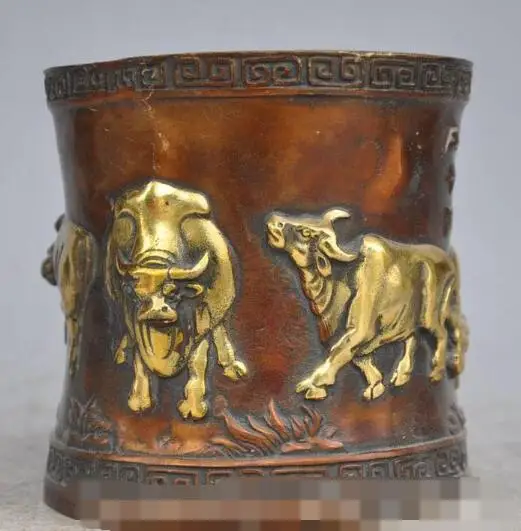 ZSR S01076 5&quot marked Chinese Fengshui Bronze gilt 5 ox bull Statue Brush Pot Pencil Vase B0403 | Дом и сад