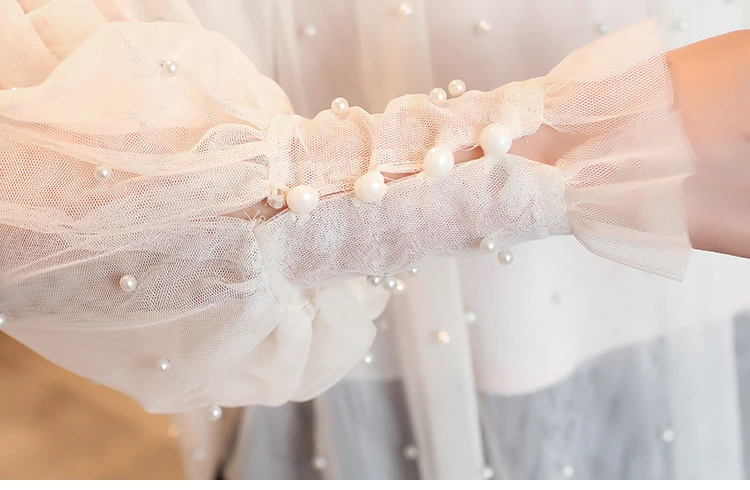 Плюс размер 2XL женский топ с рукавами-фонариками осенне-Весенняя блузка бисером