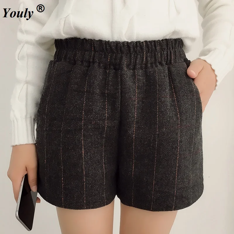 Winter woolen shorts Boots Plus Size Women Large Thicken Plaid Casual Elastic Waist bootcut Lattice Loose Wide Leg | Женская одежда