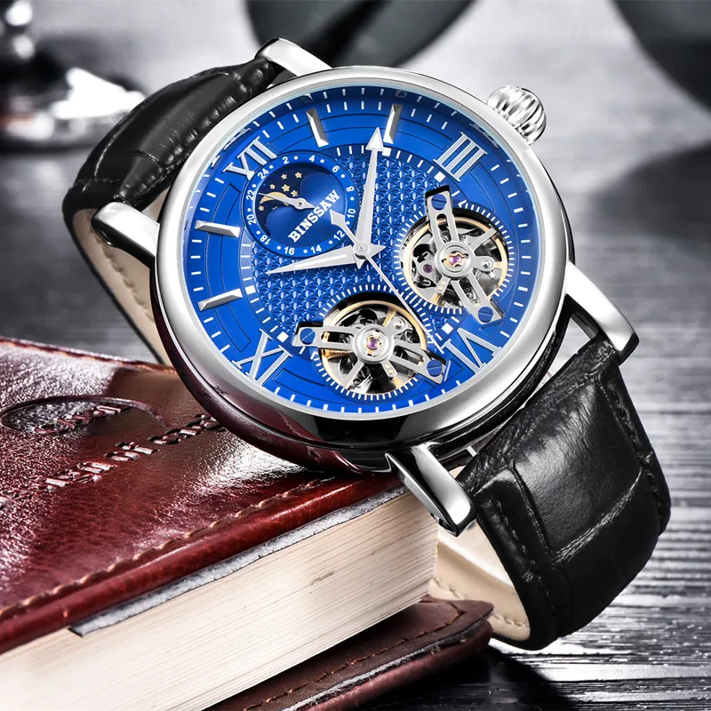 BINSSAW Мужские автоматические механические часы с двойным турбийоном модные