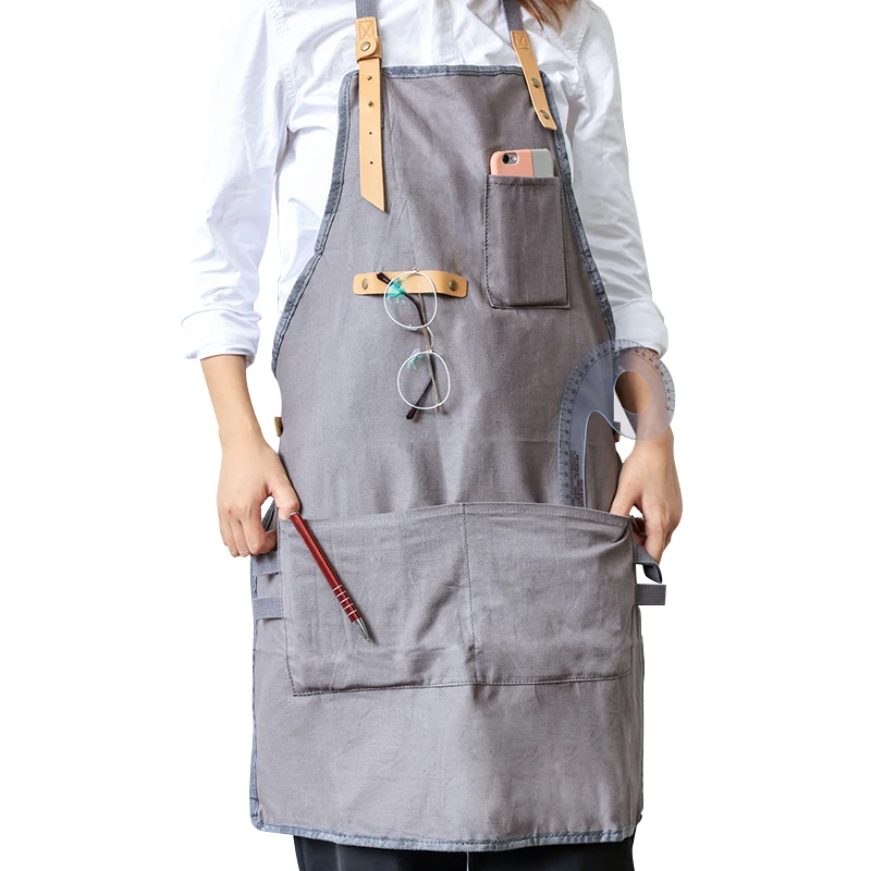 

BBQ Creative Senior Canvas Apron Bib Leather Straps Kitchen apron for Women Men cooking Restaurant Waitress aprons with pockets