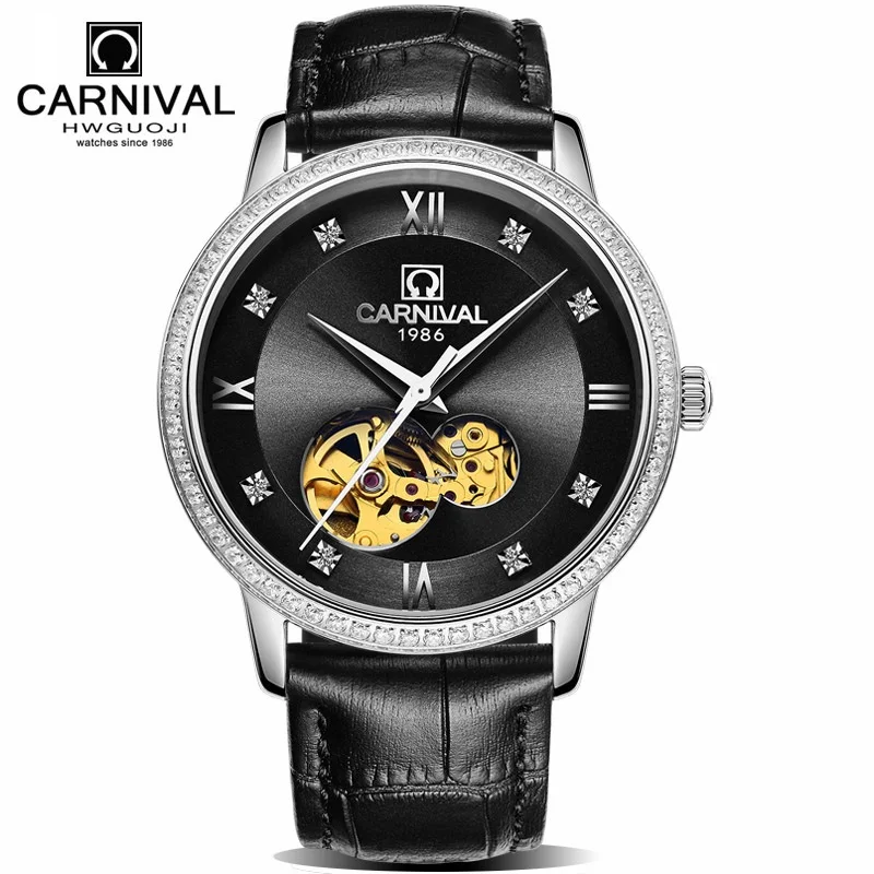 Ультратонкие tourbillon Мужские часы карнавал автоматические часы мужские MIYOTA кожаный ремешок сапфир Водонепроницаемые модные механические часы