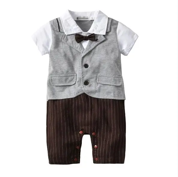Gray brown Модная одежда для маленьких мальчиков хлопковый комбинезон с галстуком-бабочкой для маленьких мальчиков, комбинезон для новорожденных, комплект из двух предметов - Цвет: Gray brown