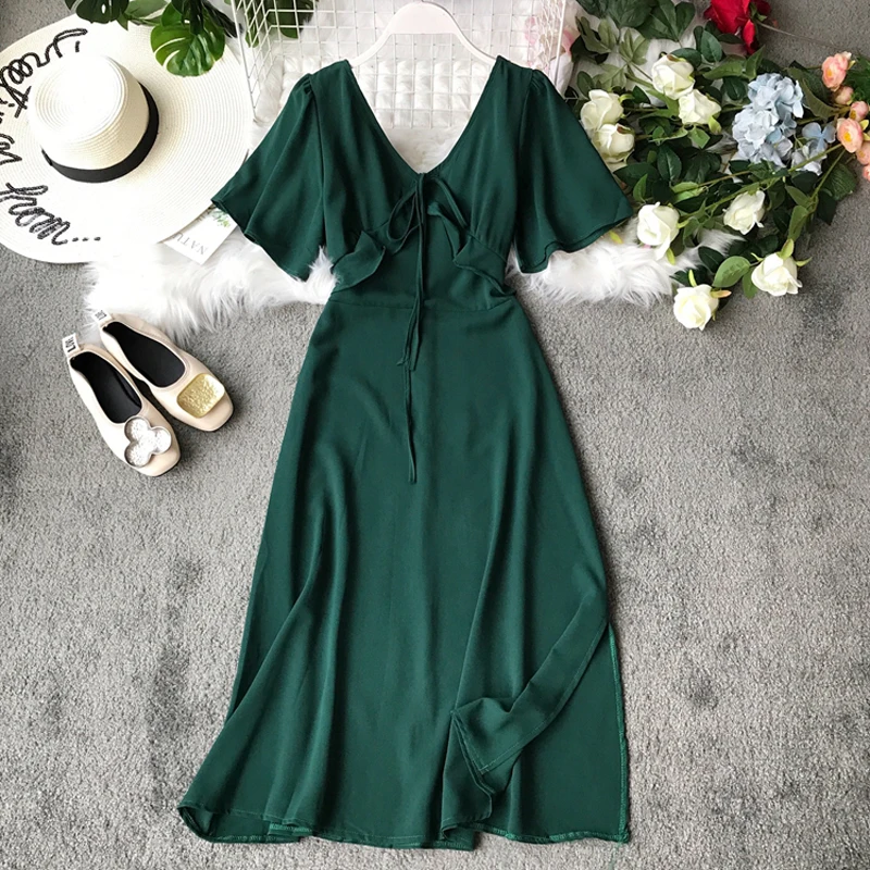 2019 новое летнее платье Для женщин V шеи короткий рукав свободные темперамент Мода