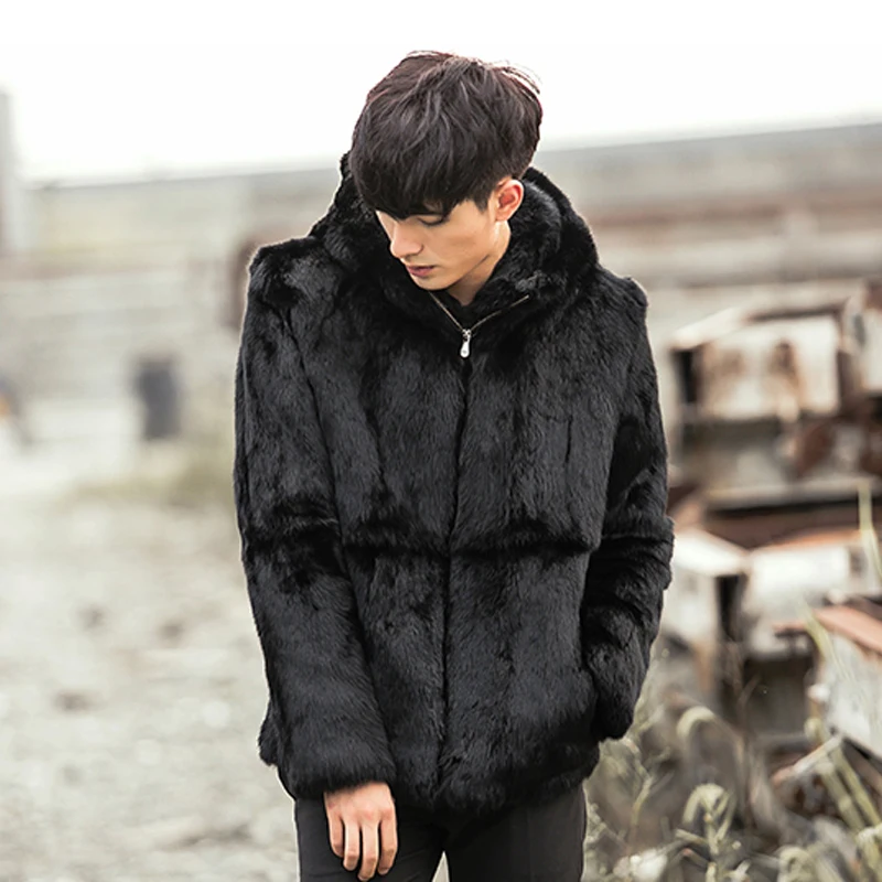 

FURSARCAR 2020 New Fashion Natural Winter Fur Thick Warm Coat Black Short Rex Rabbit Fur Jacket With Fox Fur Collar For Men