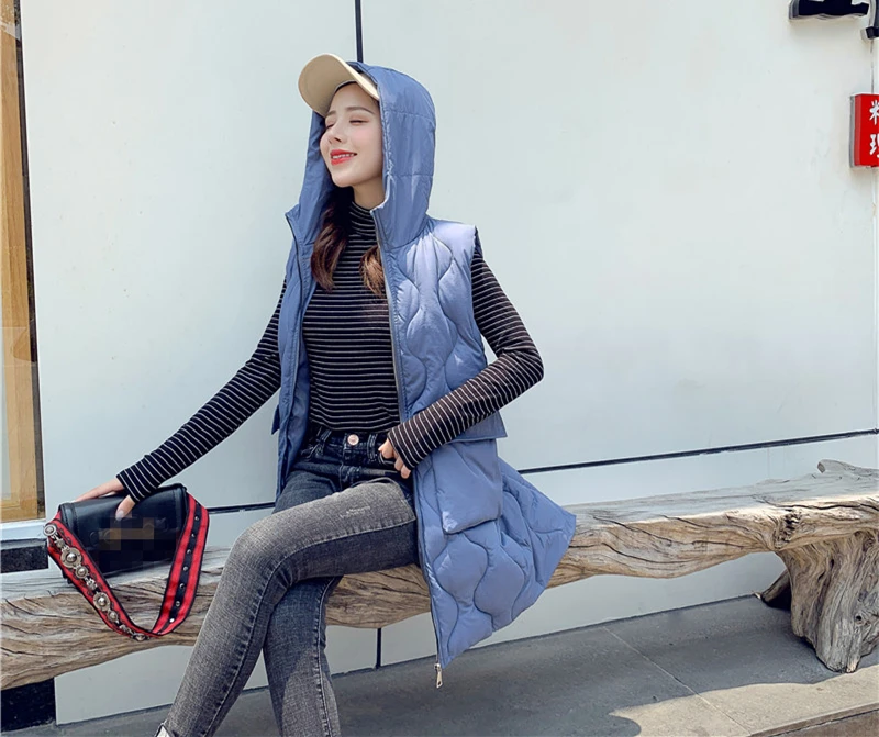 Women Hooded Long Vest Jacket Gilet Sleeveless Waistcoat Women's Outerwear with Hood