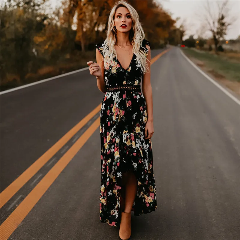 V Neck Halter ажурный принт богемное Макси платье переднее короткое Vestido Verano Mujer