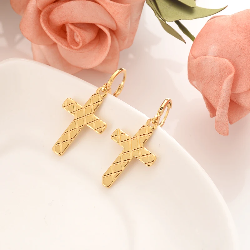 gold cross Pendant Necklace chain Earrings sets Jewelry Gold Christian jewelry for women girl Best Jesus Gifts souvenir | Украшения и