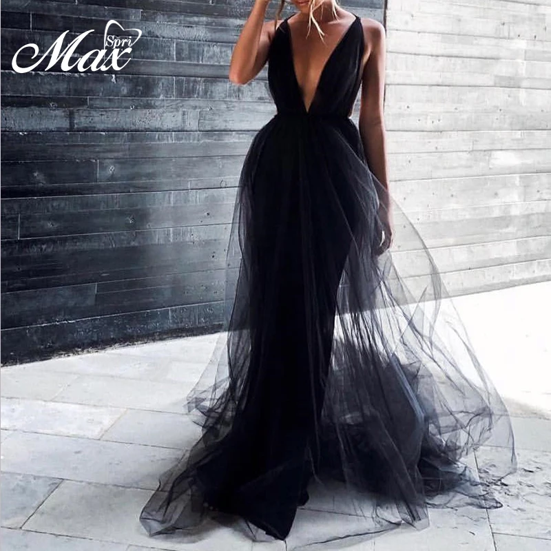 Женское кружевное платье макси Max Spri однотонное Клубное в пол с v-образным вырезом