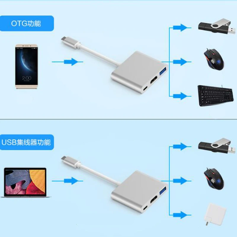 3 в 1 Thunderbolt концентратор USB Type C к HDMI адаптеру 4K алюминиевая док станция с разъемом