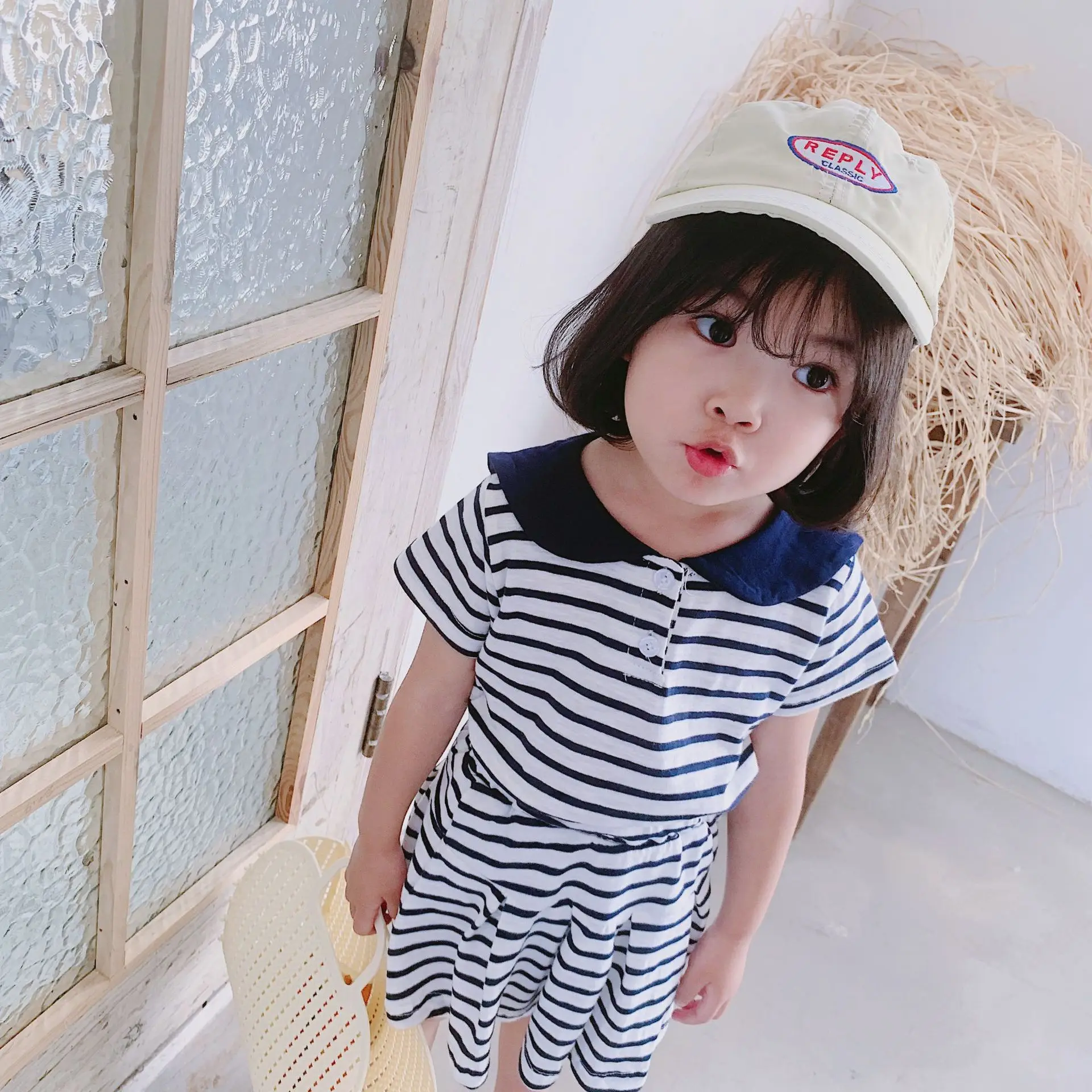 2019 г. летний модный набор одежды в полоску с матросским воротником для маленьких