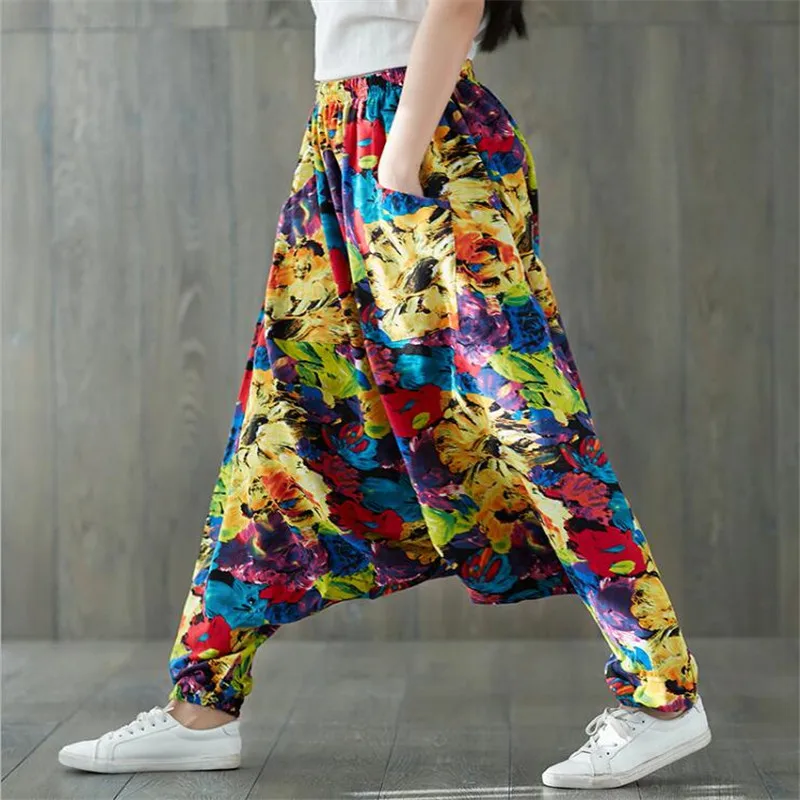 Национальный Ветер Печать промежности Штаны Хлопок Лен большой ярдов фонарь