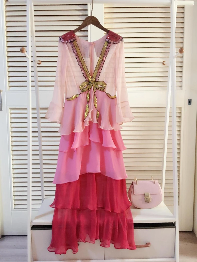 SexeMara fashion The New V-neck Bow Mesh perspective Gradient cake dress Free shipping | Женская одежда