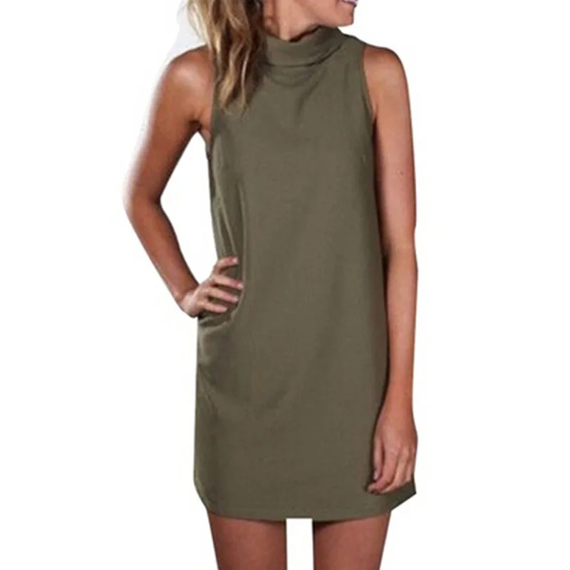 Летнее мини платье с высоким воротом без рукавов высокое качество женские модные