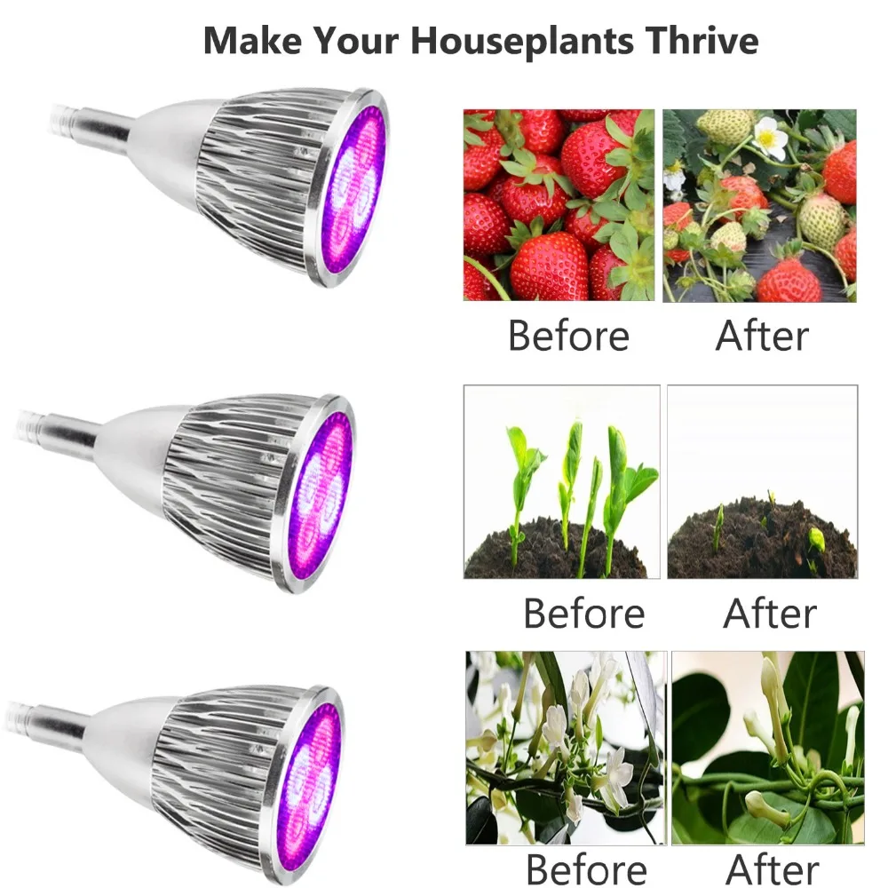 Светодиодная лампа для растений 15 Вт трехсторонняя полного спектра с зажимом