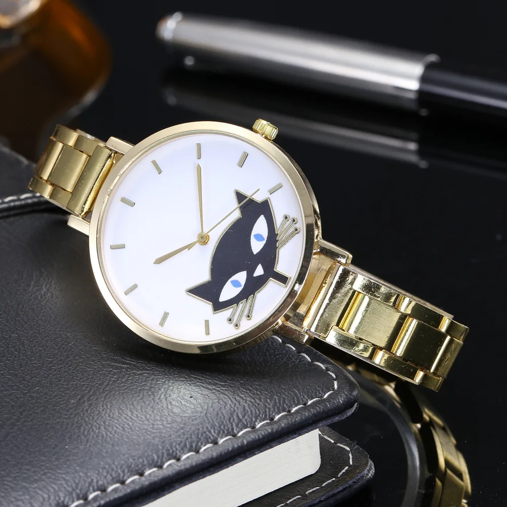 2018 высокое качество Нержавеющая сталь милый кот часы Повседневное Модные