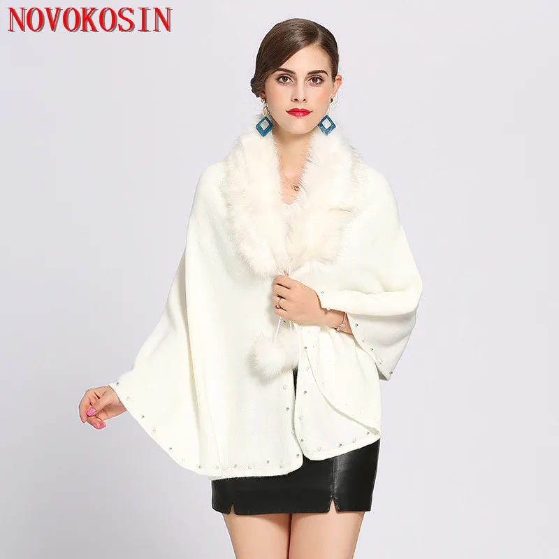 Зимний Кардиган с воротником из искусственного лисьего меха пончо теплого