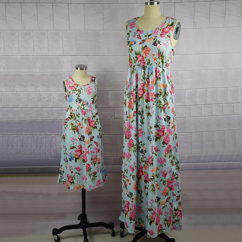 Мама и дочь платья Мать летнее без рукавов цветочный с О-образным вырезом