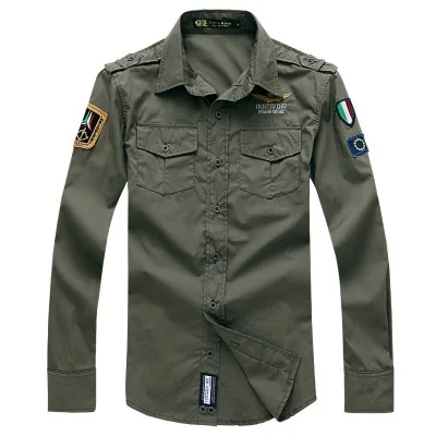 army green YSUGUOJI, новинка, осенняя рубашка в Военном Стиле, модная, Италия, ВВС, эполет, вышивка, рубашка, мужская, облегающая, с длинным рукавом, рубашки - Цвет: army green
