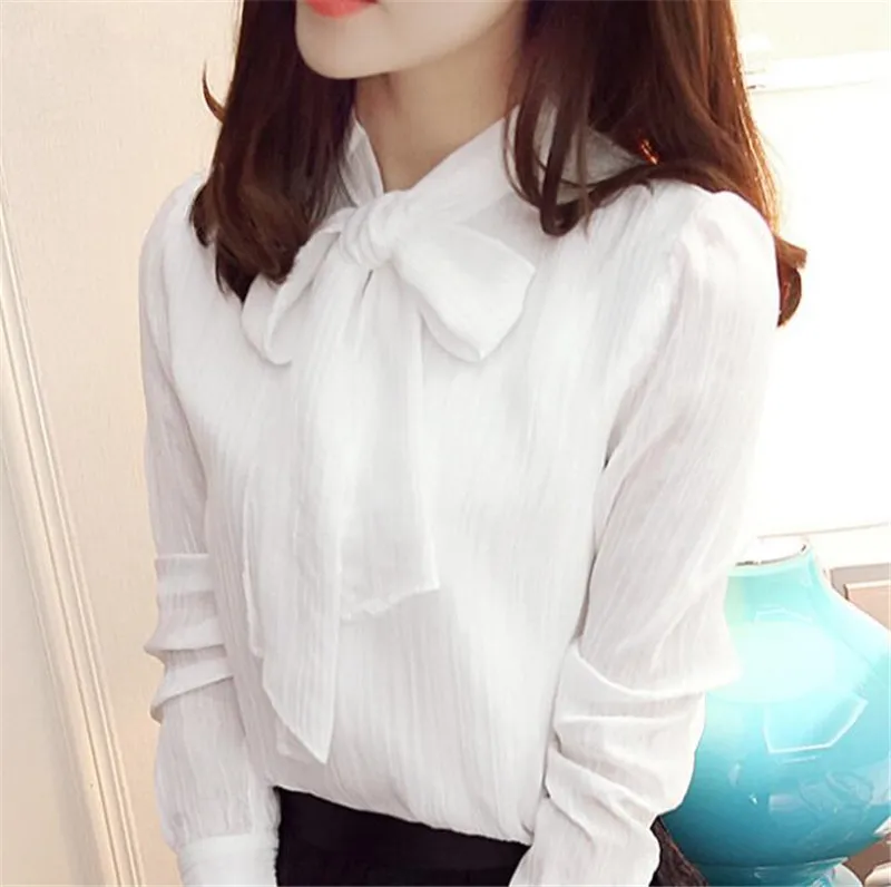 Женская шифоновая блузка с длинным рукавом и бантом на воротнике|blusas femininas|blouse women
