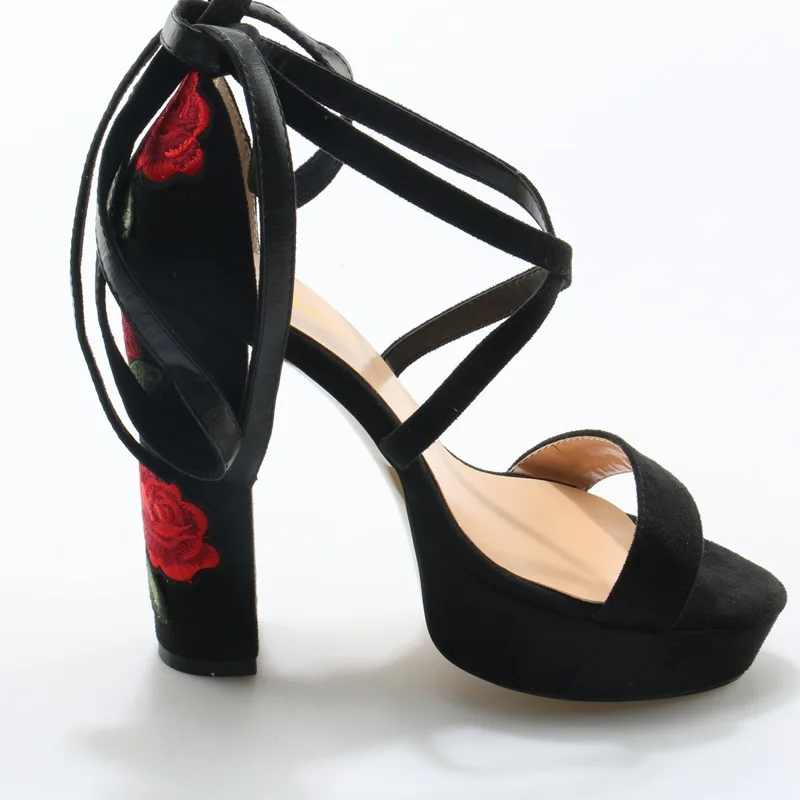 2018 Newest Faux Black Suede Leather Women High Platform Sandals Sexy Open Toe Ladies Lace Up Flowers Chunky Heel Dress Shoes | Обувь