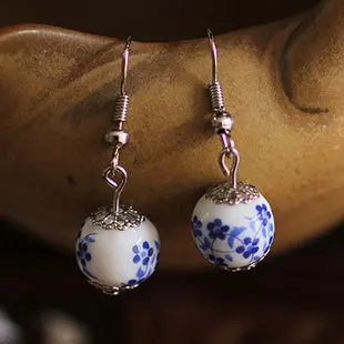 Original Cute Hand-painted 12MM Ceramic Blue &amp White Flowers Porcelain Beads Carved S925 Sterling Silver Earrings Ethnic Jewelry |