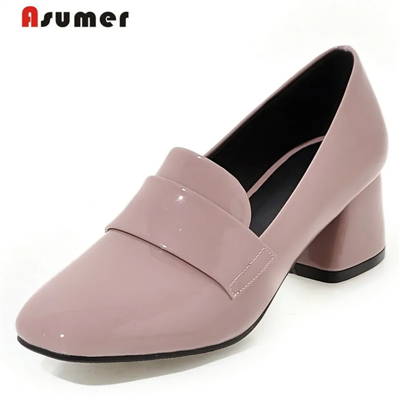 Asumer/женские туфли на высоком квадратном каблуке лодочки из лакированной кожи