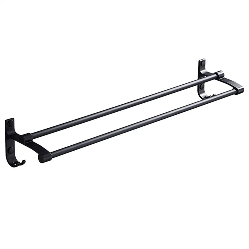 

Bathroom Double Towel Bars Aluminum Towel Rack Wall Mounted Towel Bar With Hook Black 40-60cm bath hardware Bathroom Accessories