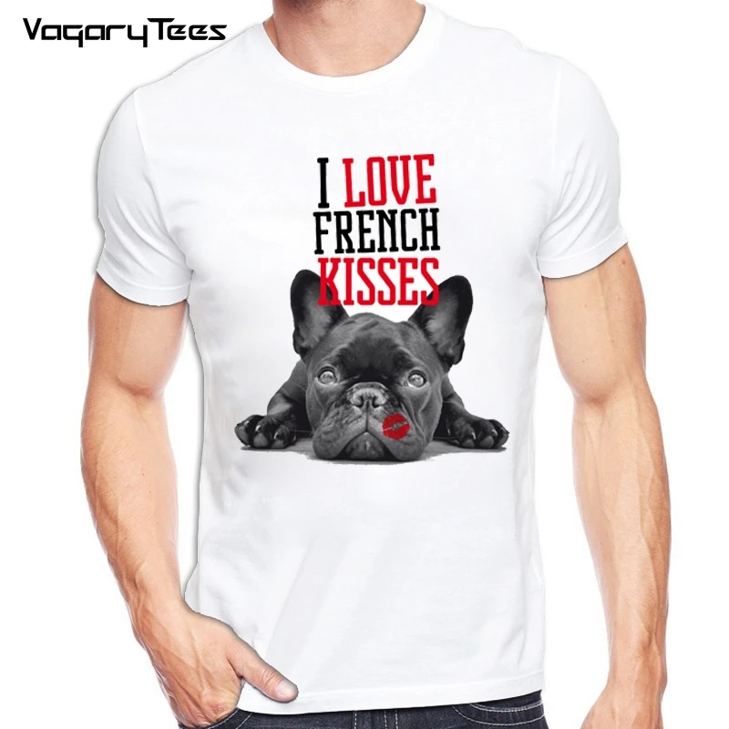 Новый стиль мужская футболка с надписью I Love French Kiss принтом французского бульдога
