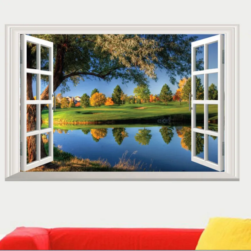 Настенные Стикеры пейзаж природное озеро 3D окно домашний декор наклейка для