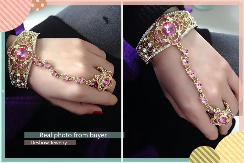 Браслет-манжета с кристаллами и цветами кольцом на палец | Украшения аксессуары