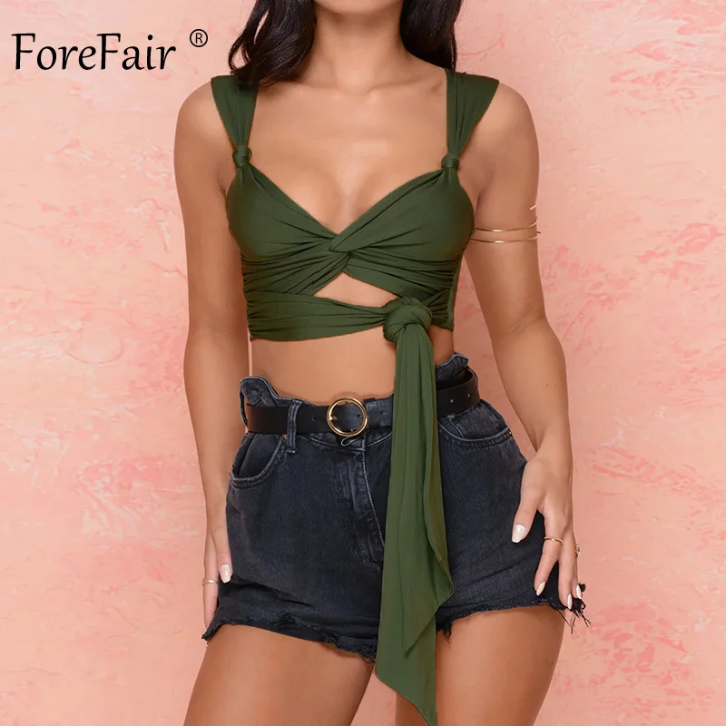 Forefair, летний бандажный топ на бретельках, белый, розовый, зеленый, Клубные, вечерние, Rave, фестиваль, открытая спина, узел, шнуровка, крест, сексуальный укороченный Топ для женщин - Цвет: Green Tops