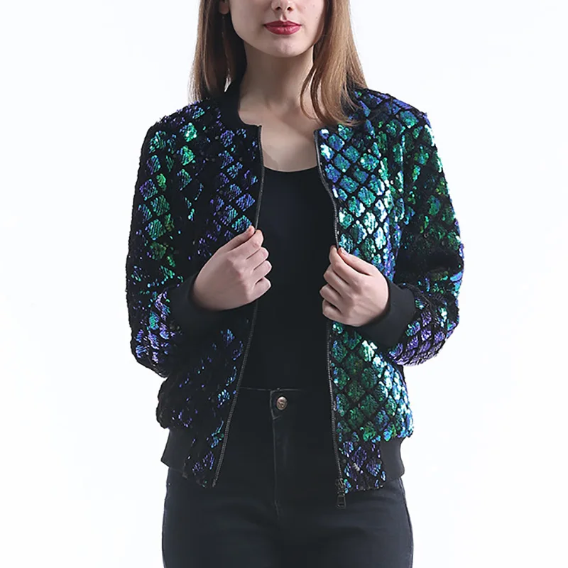 Куртка бомбер женская демисезонная с блестками на молнии длинным