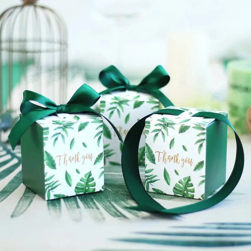 50pcs/lot 6X6X7CM Thank you GREEN Candy Box with ribbon chocolate gift boxes wedding souvenirs favors and gifts | Дом и сад