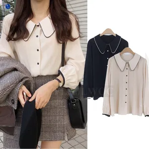 Милые сладкие Топы Женская рубашка в Корейском стиле с длинным рукавом, на пуговицах, с воротником Питера Пэна