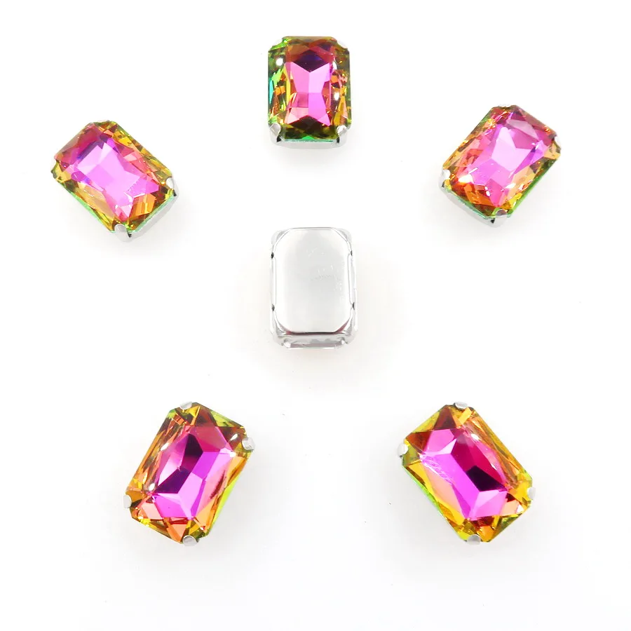 A6 Fuchsia rainbow Серебряный металлический коготь 20 шт/п Радужный и Желейный AB стеклянный кристалл 13*18 мм прямоугольная форма пришитые Стразы бусины ручной работы diy отделка - Цвет: A6 Fuchsia rainbow