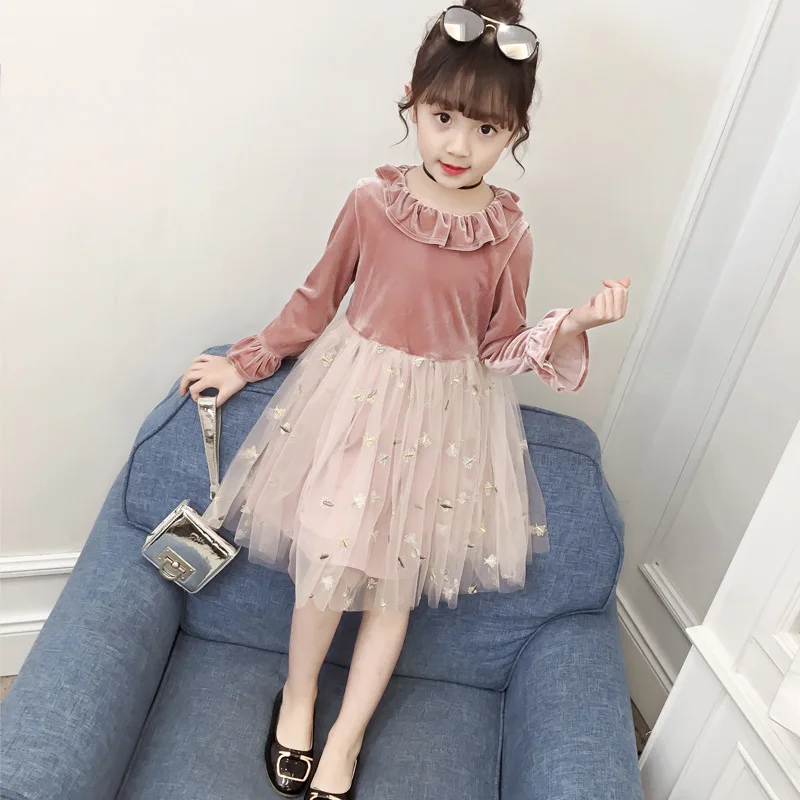 Новинка Весна 2019 платье принцессы для маленьких девочек с золотыми бархатными