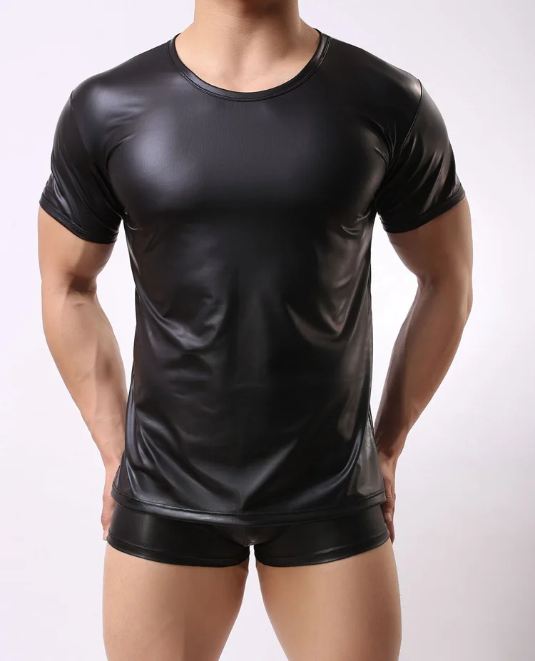 

Man Sexy Lingerie Black Patent Seductive Wear PU Top Exotic Black Short Sleeves T-Shirt Party Pole Dancing Wear Faux Leather