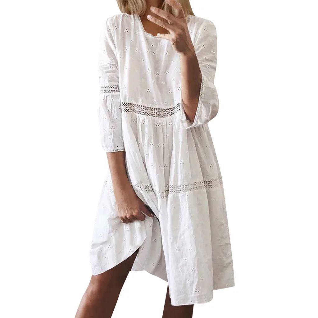 Женские одноцветные платья Boho с вырезом лодочкой, открытые платья средней длины с рукавом 3/4, летнее пляжное платье размера плюс