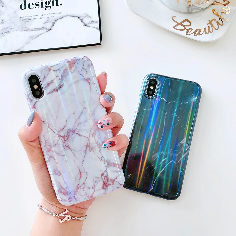 Глянцевый золотой чехол с мраморными линиями для iPhone 6 6S 7 8 Plus X Голографический